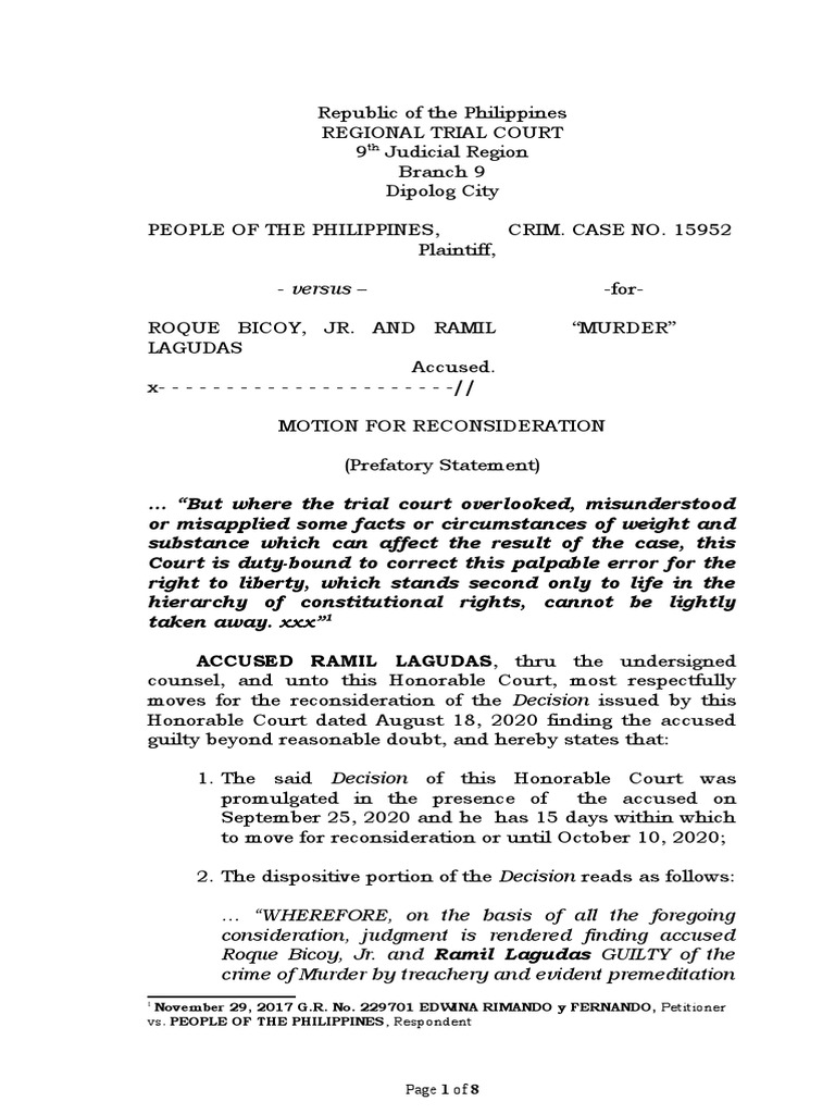 Motion for Reconsideration Challenging the Finding of Conspiracy and