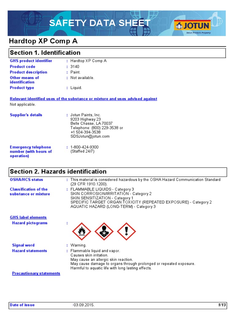 Jotun Hardtop XP Comp A Safety Data Sheet | PDF | Toxicity | Firefighting