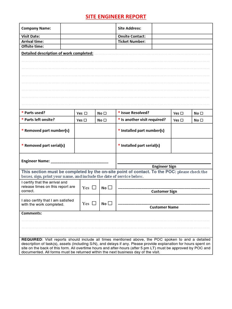 Site Engineer Visit Report Template  PDF In Site Visit Report Template