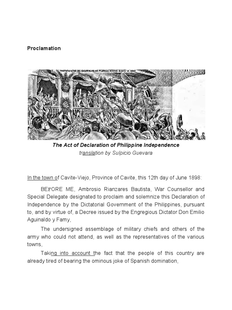 Proclamation: The Act of Declaration of Philippine Independence | PDF ...