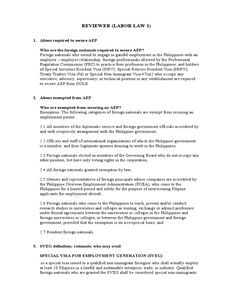 Reviewer (Labor Law 1) 1. Aliens Required To Secure AEP Who Are The Foreign Nationals Required