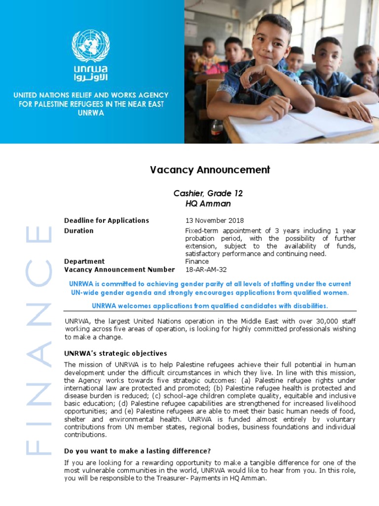 VA Cashier, G12, HQ Amman PDF Unrwa Refugee