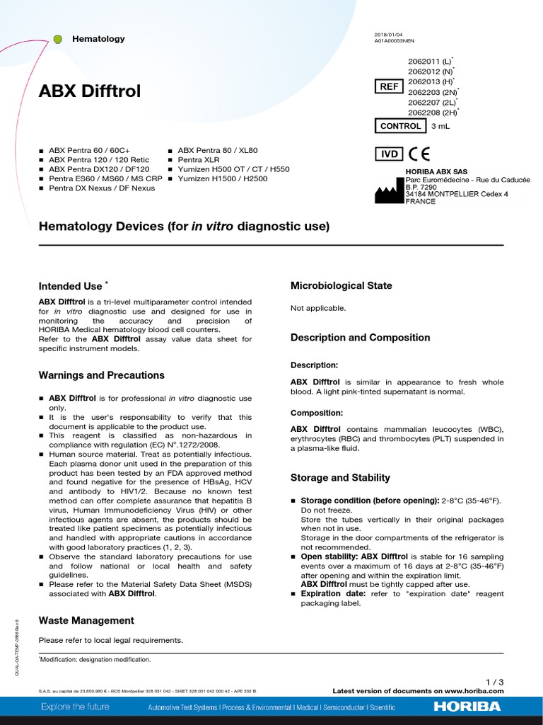 ABX Difftrol: In Vitro Diagnostic Control | PDF | Medical Specialties ...