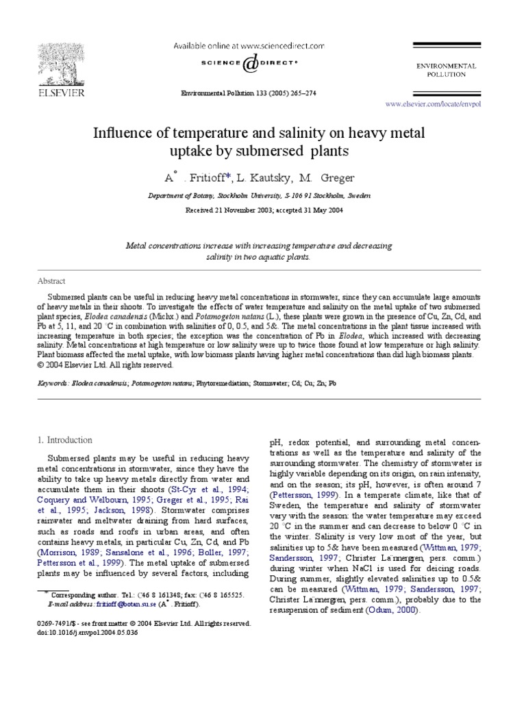 In Uence of Temperature and Salinity On Heavy Metal Uptake by Submersed ...
