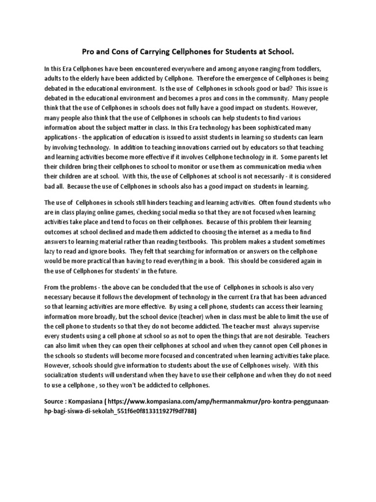 Pro and Cons of Carrying Cellphones For Students at School by Angelia PDF Mobile Phones