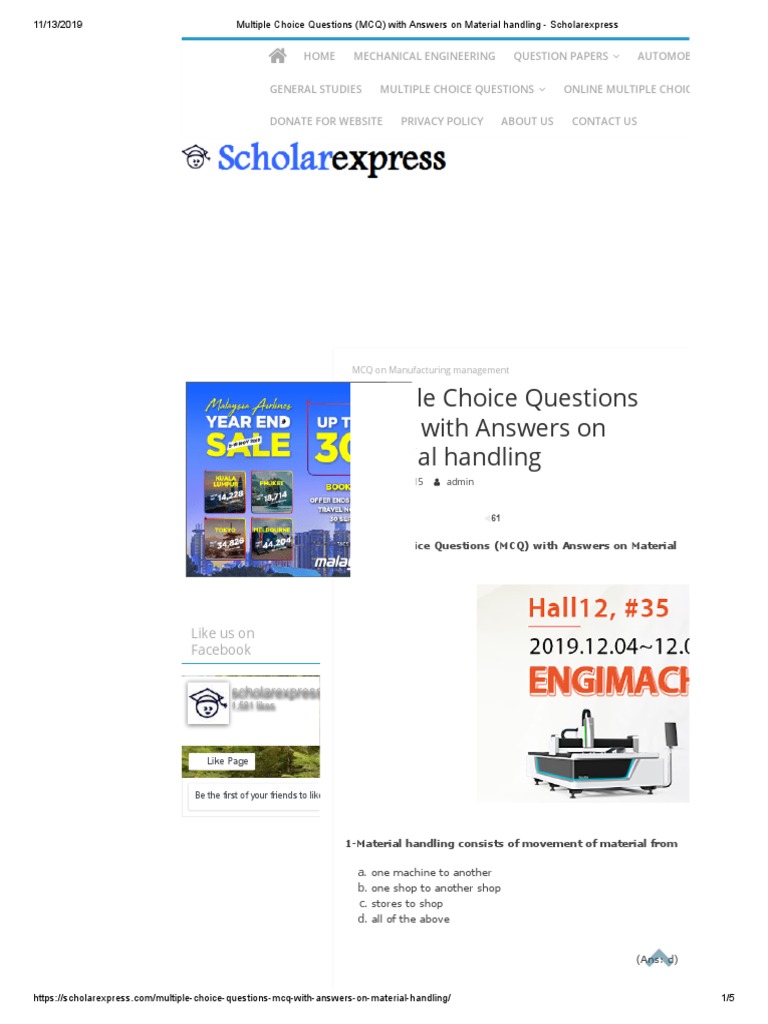 Multiple Choice Questions (MCQ) With Answers On Material Handling PDF