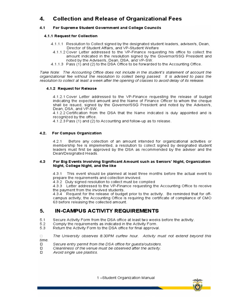 Collection and Release of Organizational Fees: 5. In-Campus Activity ...