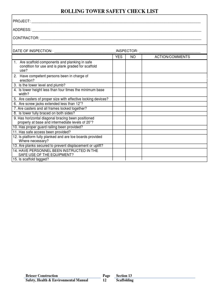 Rolling Tower Scaffold Inspection Checklist | PDF