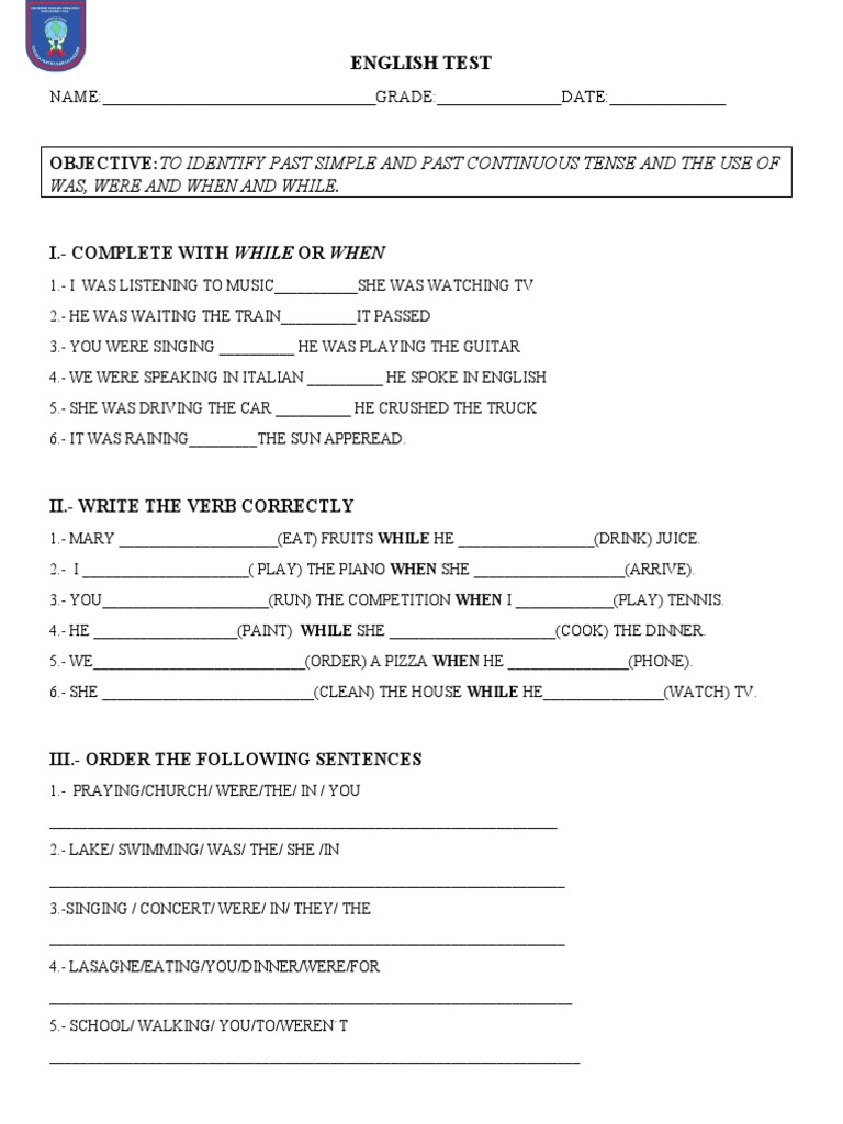English Test: Objective:To Identify Past Simple and Past Continuous ...