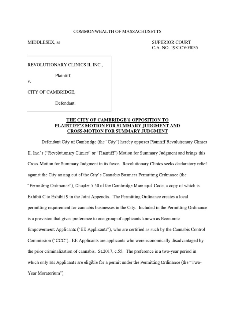 Cambridge Opposition and Motion For Summary Judgement Vs Revolutionary