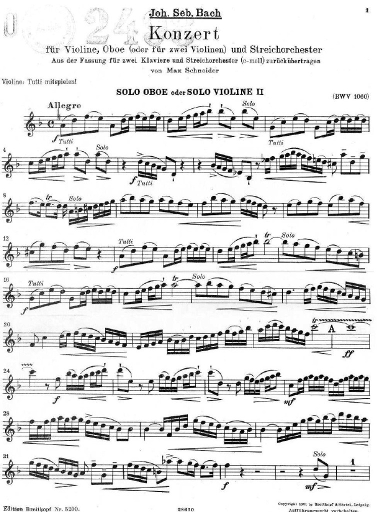 Johann Sebastian Bach Dvojkoncert d moll Violin, Oboe (BWV 1060) Solo Oboe