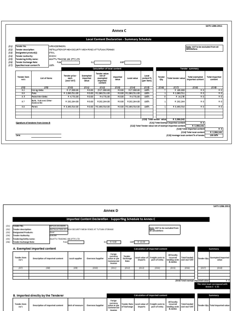 Annex C: Local Content Declaration - Summary Schedule | PDF | Chess ...