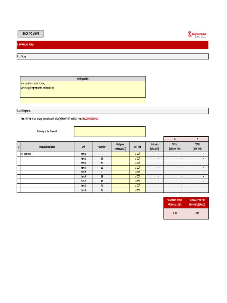 RFP Pricing Form.: Yellow Cells Only | PDF | Value Added Tax | Market