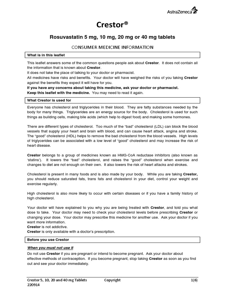 Crestor® Rosuvastatin 5 MG, 10 MG, 20 MG or 40 MG Tablets PDF Cholesterol Statin