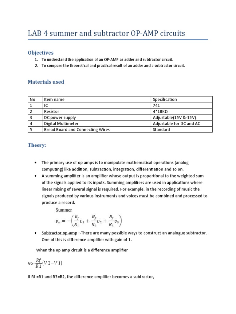 OP-AMP Lab - Summer & Subtractor Circuits | PDF | Operational Amplifier ...