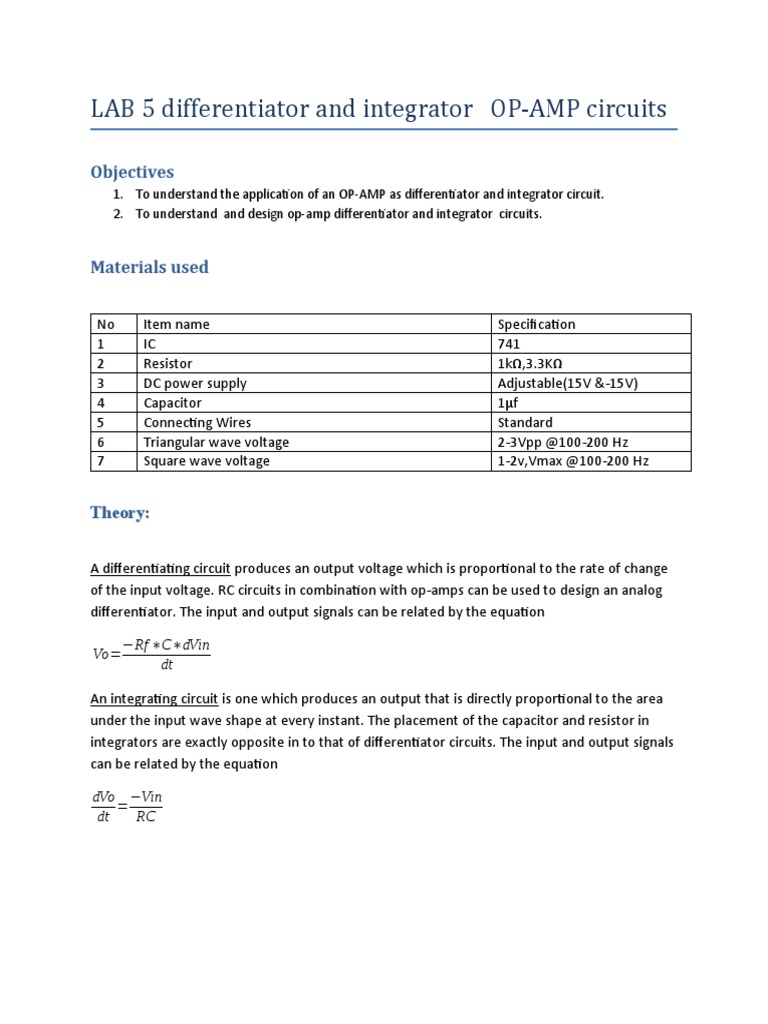 Differentiator and Integrator OP | PDF | Operational Amplifier ...