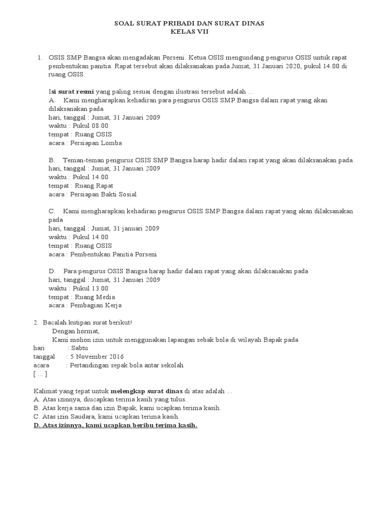 Soal Tentang Surat Pribadi Dan Surat Dinas | PDF