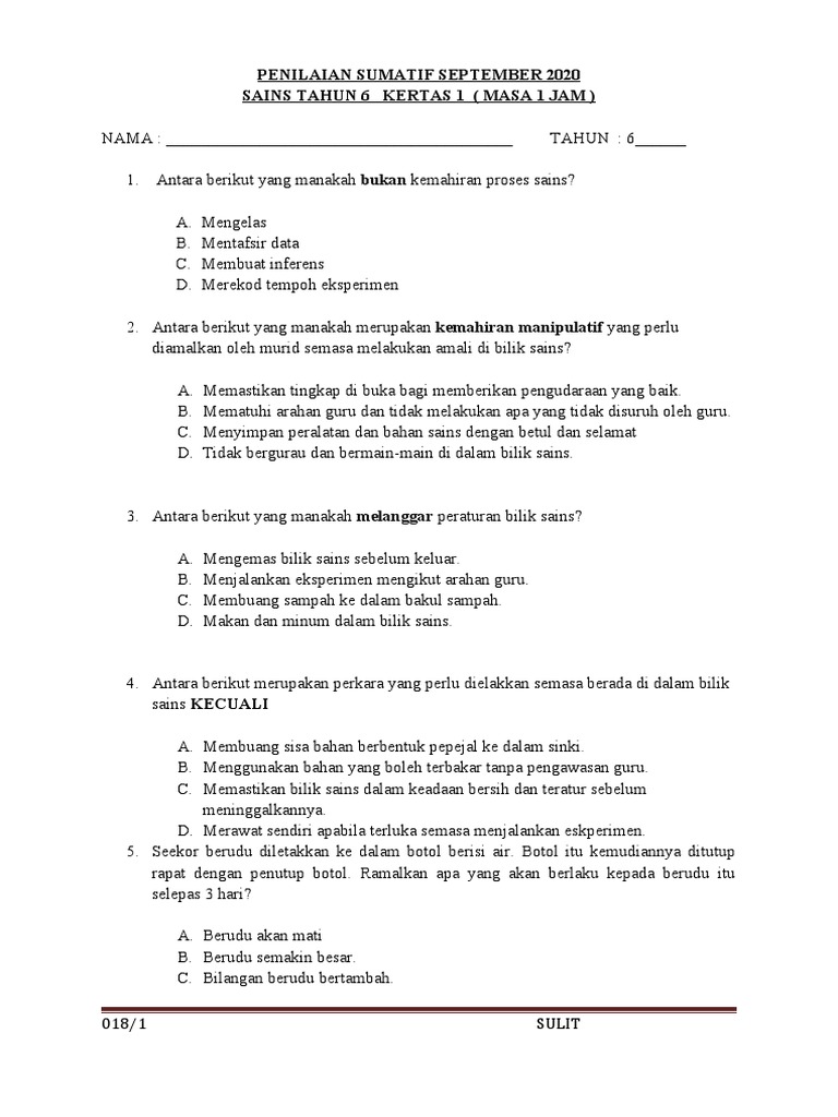 Sains Kertas 1 Thn 6 Pdf