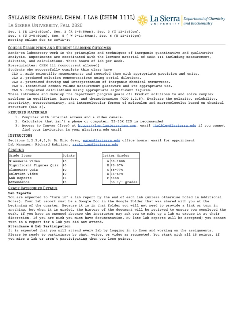 General Chemistry I Lab Syllabus - Fall 2020 | PDF | Chemistry ...