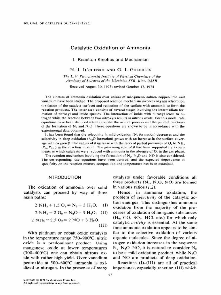 Catalytic Oxidation of Ammonia I Reaction Kinetic and Mechanism ...