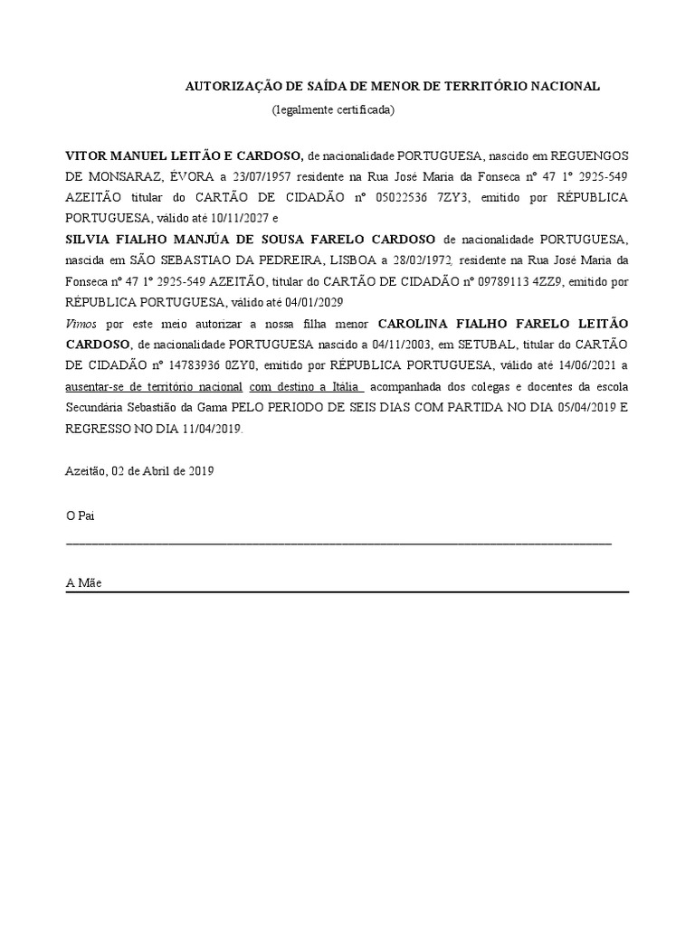 Minuta Autorização Viagem Menor | PDF