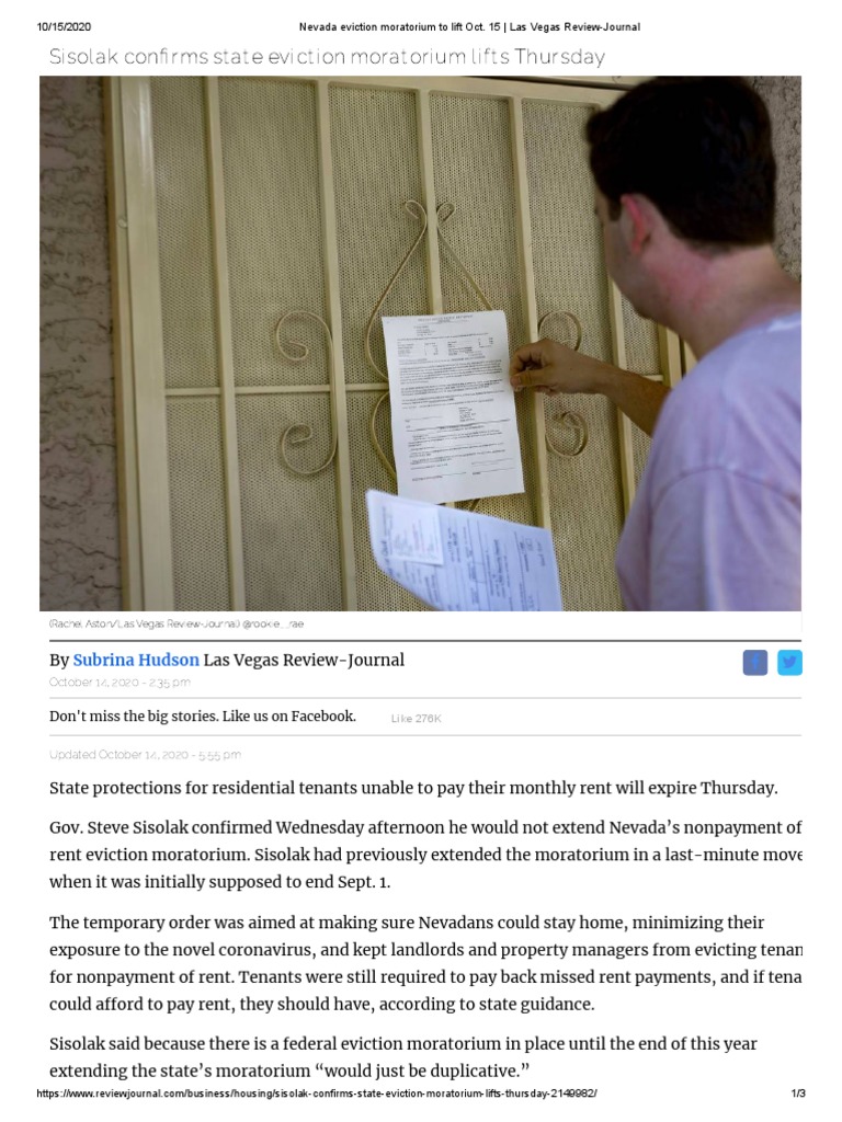 Nevada Eviction Moratorium To Lift Oct 15 Las Vegas Review Journal Pdf Eviction Leasehold Estate