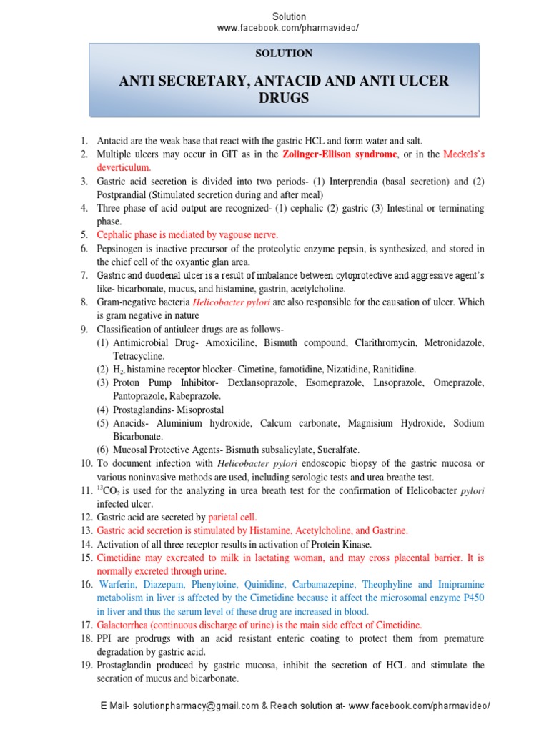 Anti Secretary, Antacid and Anti Ulcer Drugs Solution PDF