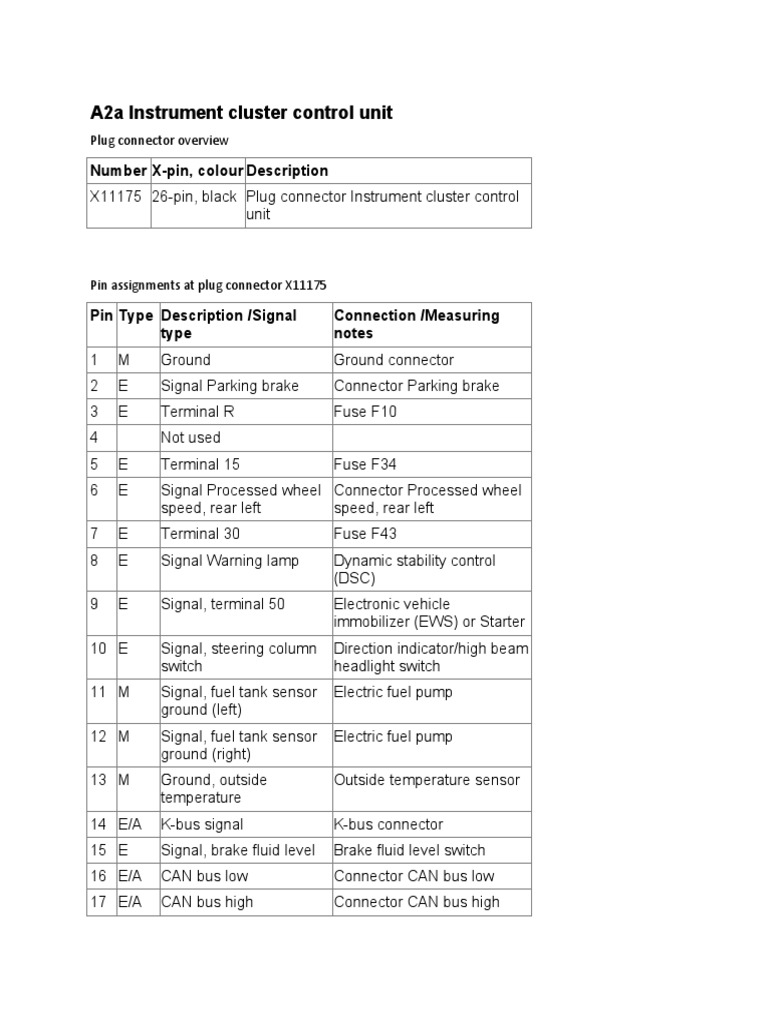 A2a Instrument Cluster Control Unit Number XPin, Colour Description PDF