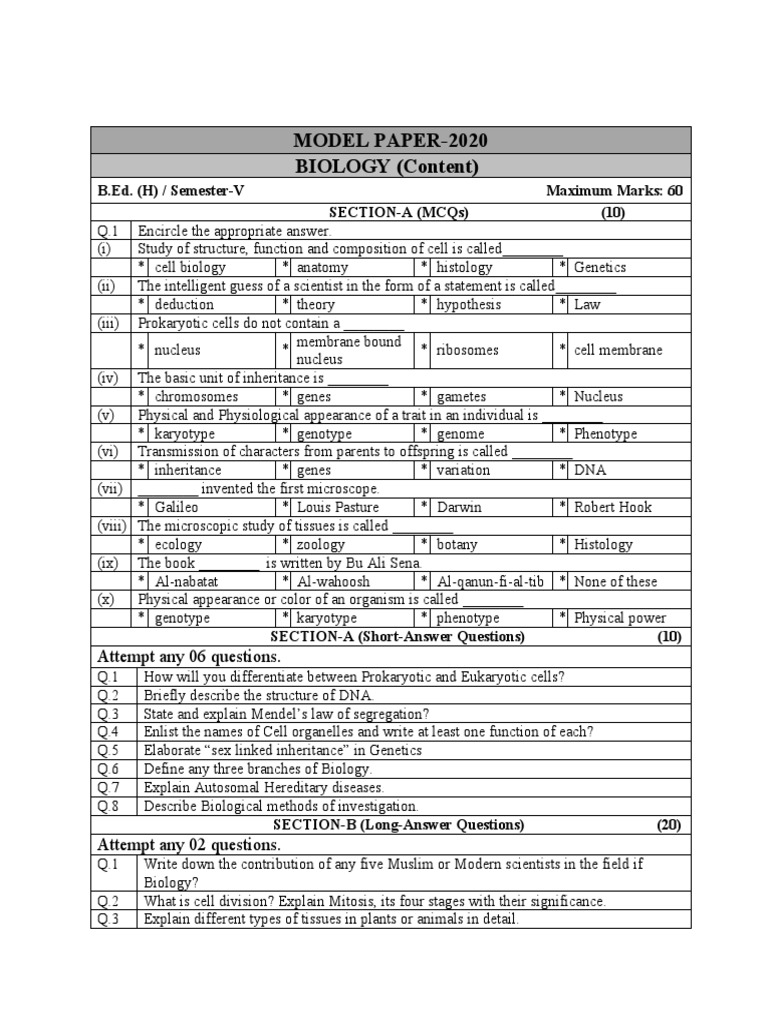 B.Ed. Biology Model Paper 2020 | PDF | Heredity | Biology