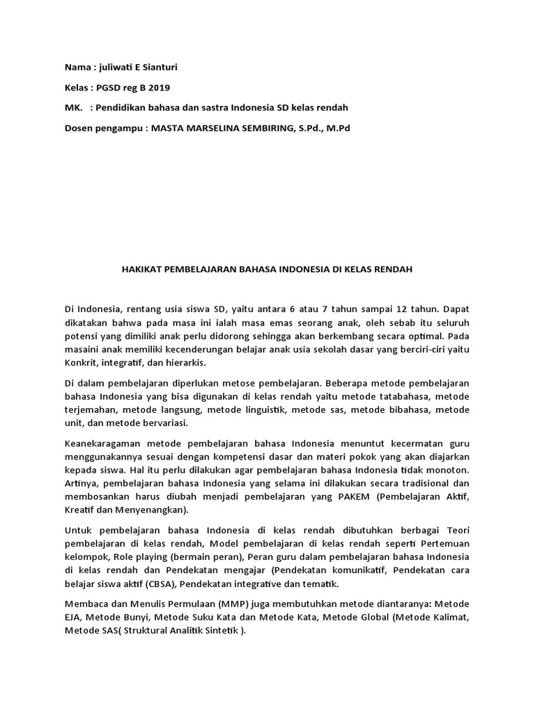 Hakikat Pembelajaran Bahasa Indonesia Di SD Kelas Rendah | PDF