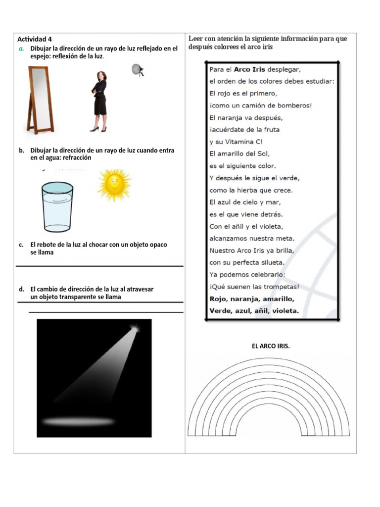 Actividades de Reflexión y Refracción de Luz | PDF | Arco iris | Ligero