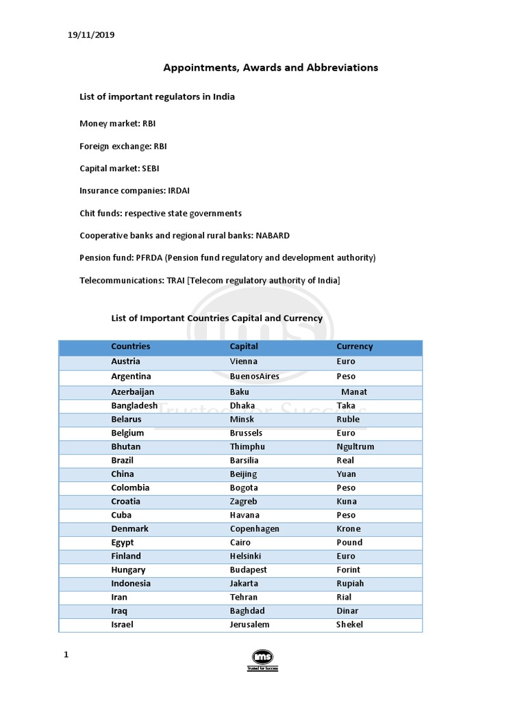 Appointments, Awards and Abbreviations List of Important Regulators in