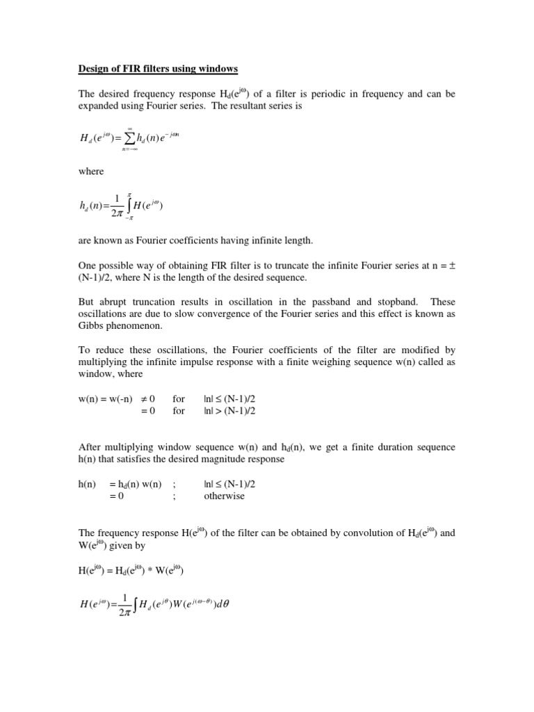 Design Of Fir Filters Using Windows E N H E H Pdf Low Pass Filter