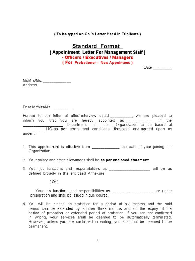 Standard Format: (Appointment Letter For Management Staff) | PDF