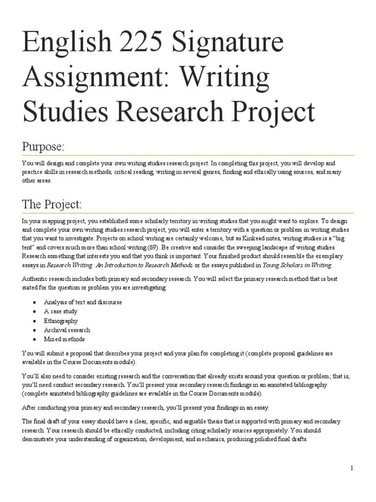 English 225 Signature Assignment: Writing Studies Research Project ...