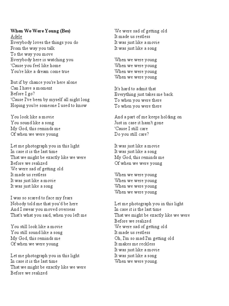 When We Were Young song lyrics and emotional music notes