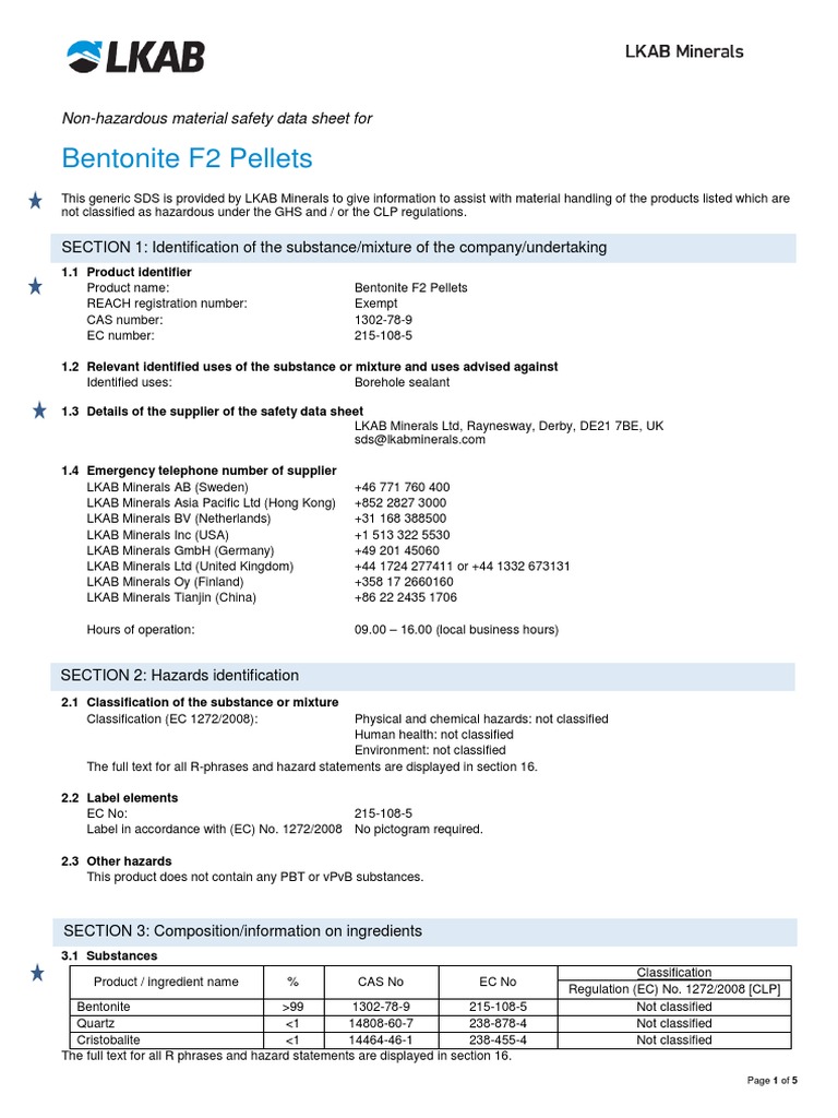 Non-Hazardous Material Safety Data Sheet for Bentonite F2 Pellets | PDF ...