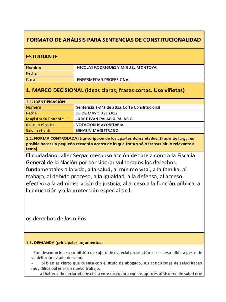 Sentencia 372 Enfermedad Laboral | PDF | Invalidez | Derecho Constitucional