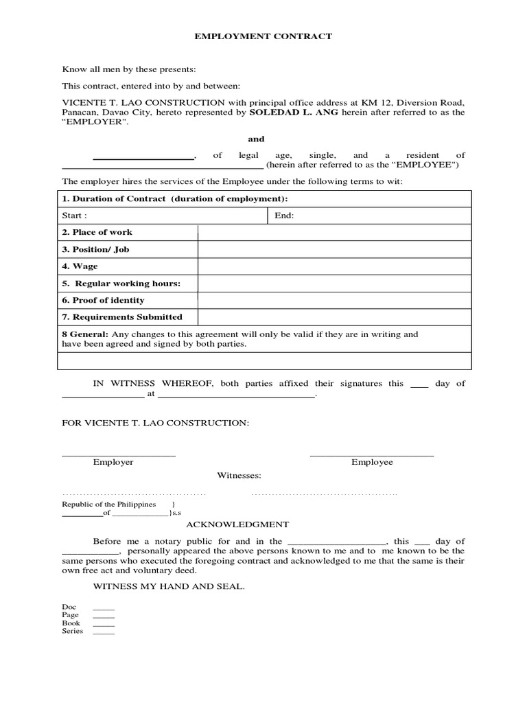 Construction Employment Contract Template | PDF