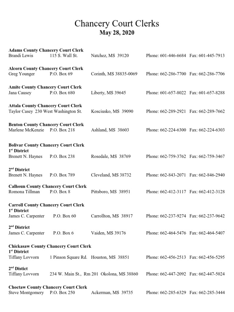 Contact Information for Mississippi County Chancery Court Clerks PDF
