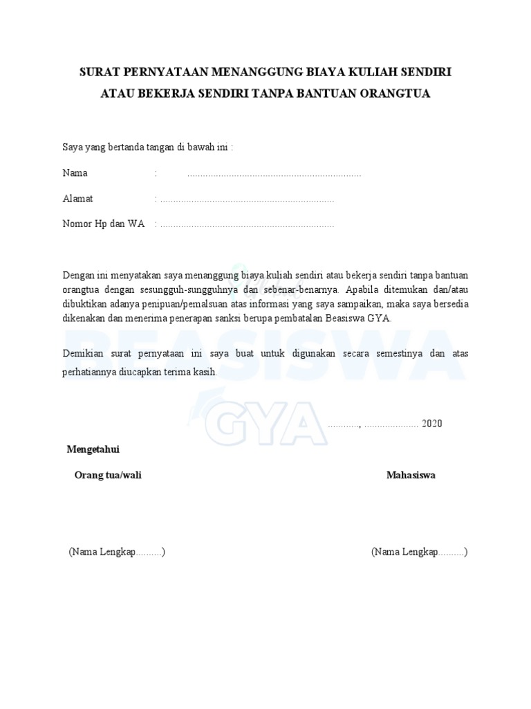 03 Surat Pernyataan Menanggung Biaya Kuliah Sendiri Atau Bekerja Sendiri Tanpa Bantuan Orangtua