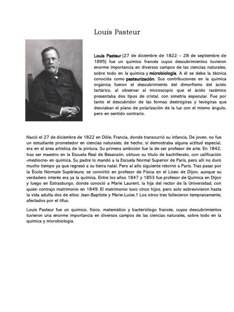 Biografía de Louis Pasteur y sus descubrimientos | PDF | Luis Pasteur ...
