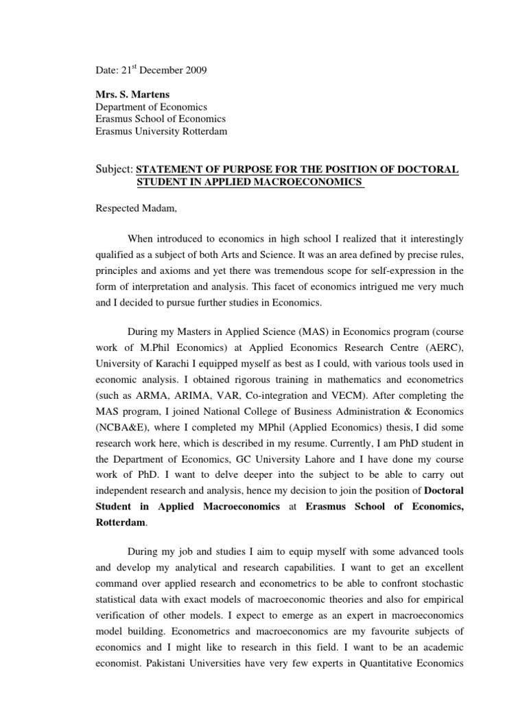 Letter of motivation  Economics  Master Of Arts