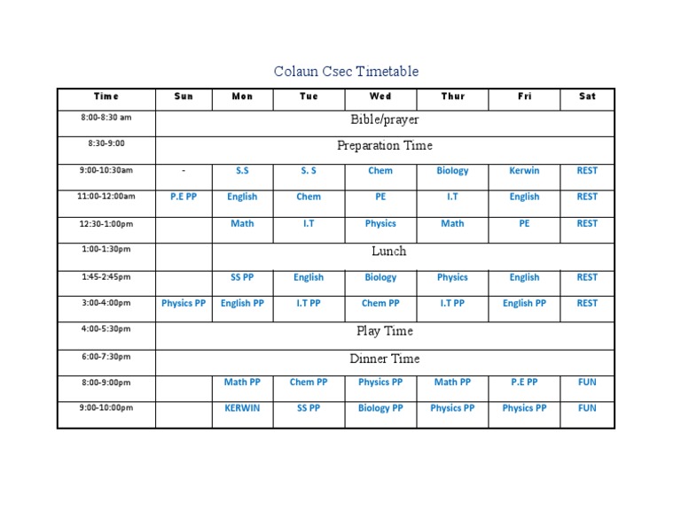 Colaun Csec Weekly Timetable | PDF