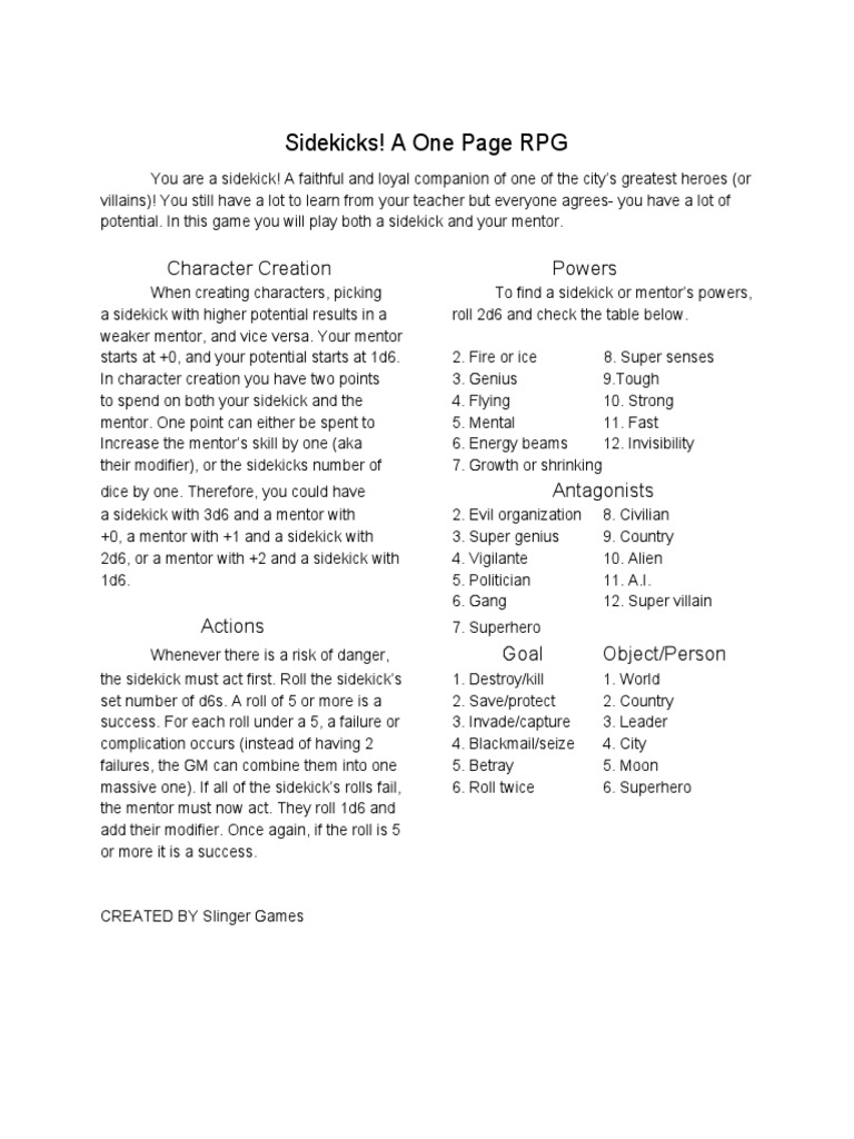 Sidekicks! One Page RPG Guide | PDF | Leisure