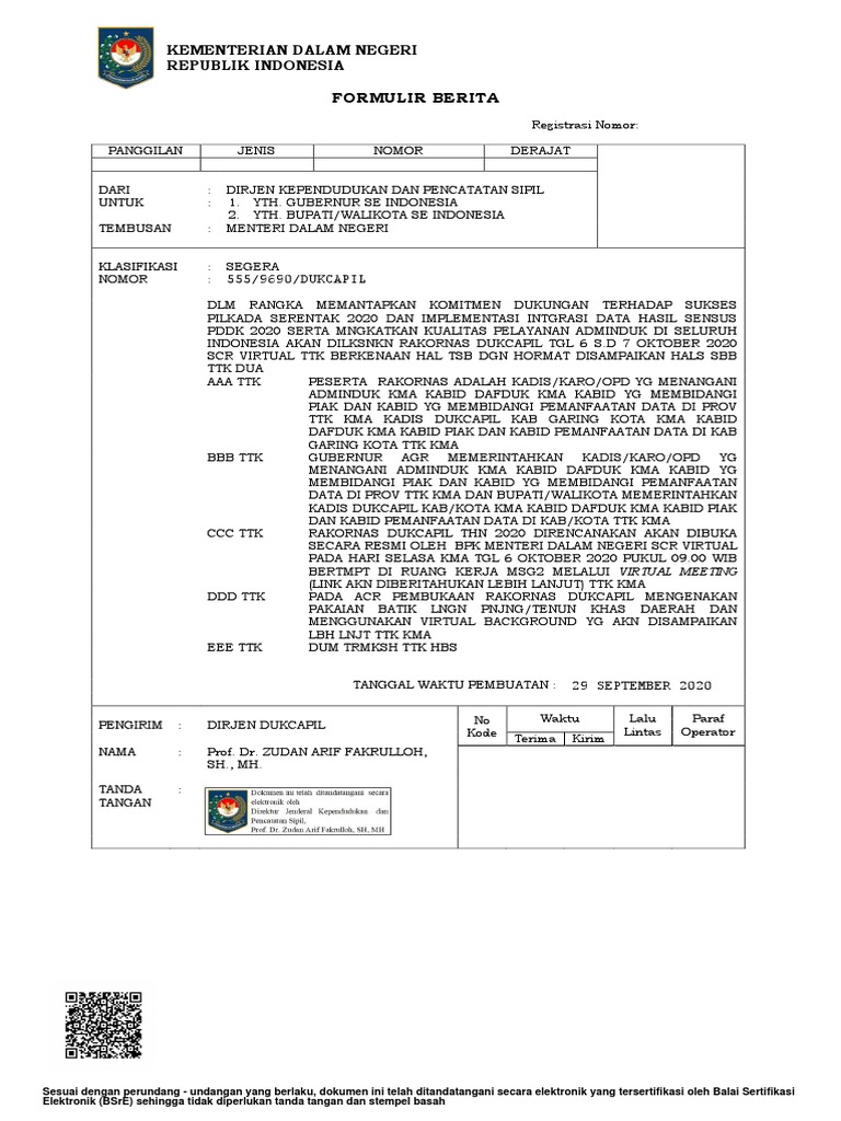 Tte - Surat - Radiogram Rakornas Dukcapil 2020 PDF | PDF