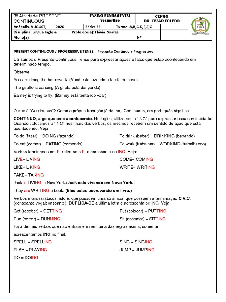 Atividades de Present Continuous para 6º Ano | PDF | Idiomas