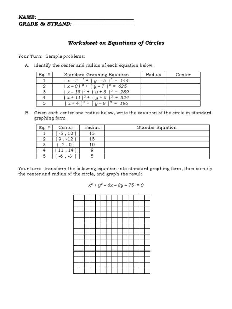 NAME: - GRADE & STRAND: - Worksheet On Equations of Circles | PDF
