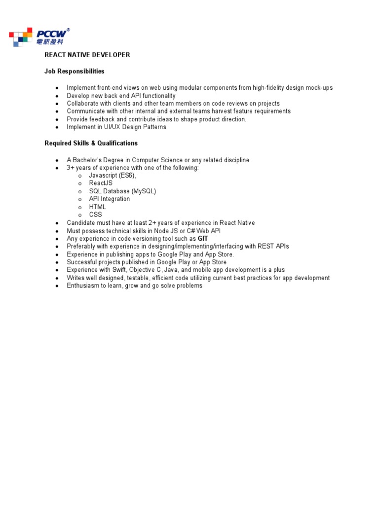 Job Description React Native Developer | PDF