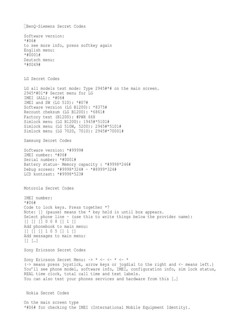 Codes 1 | PDF | Mobile Phones | Mobile Technology